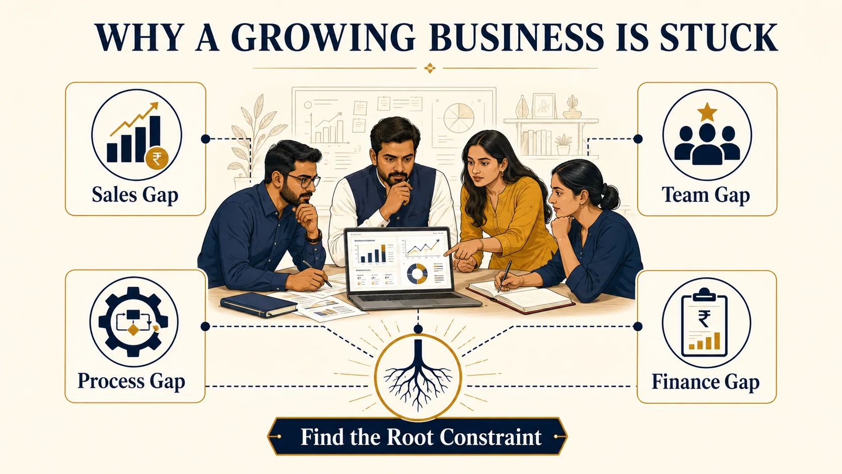 Pictorial chart connecting business symptoms to the root constraint