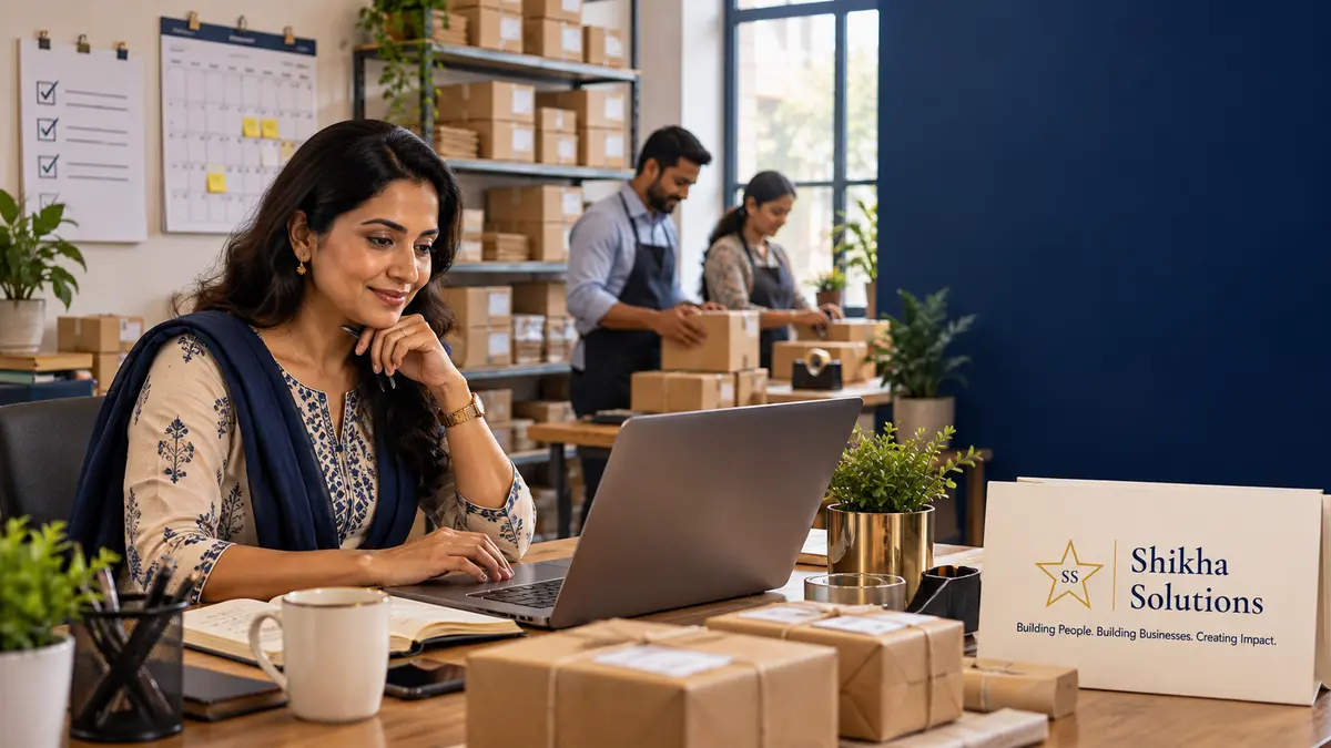 Indian business owner reviewing festive order capacity while a team prepares parcels for dispatch